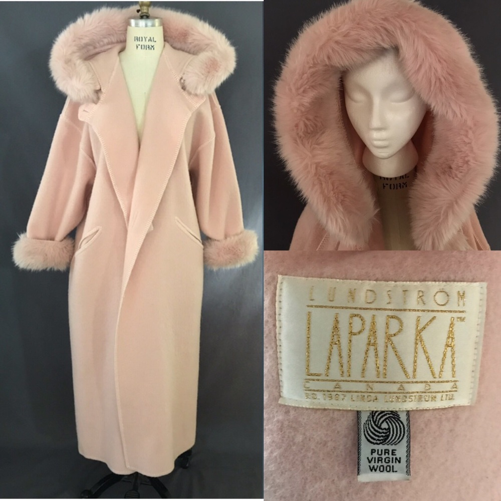 Vintage La Parka Pink Faux Fur Wool Coat Size M
